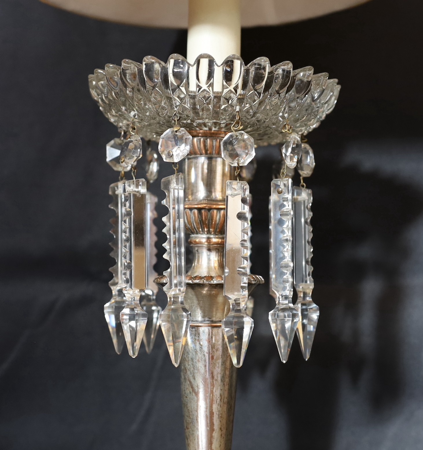 A pair of old Sheffield plate table lamps with moulded and cut glass lustre drops, height 44cm